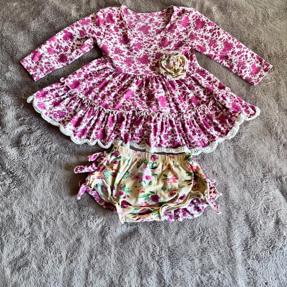 Mustard Pie Baby Girl Floral Tunic and Ruffle Bumbies Set Pink Cream 12M